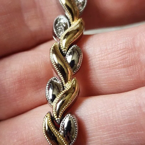 Tennis Link Bracelet Silver Gold Two Tone Hearts Mid Century Modernist 7" Gift - Picture 5 of 9